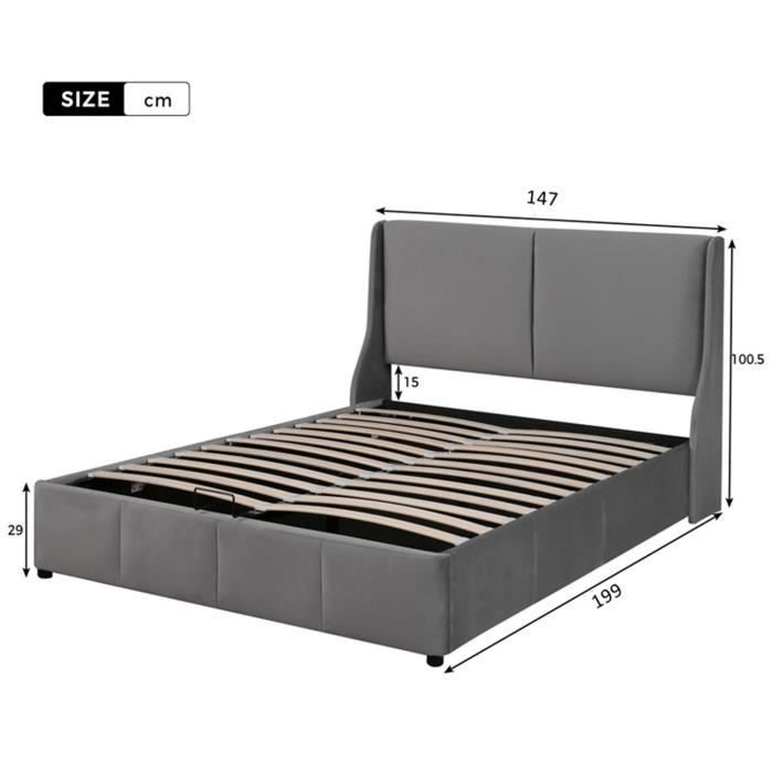 Letto contenitore 140x190 cm - MODERNLUXE - Grigio - Con rete a doghe e vano contenitore