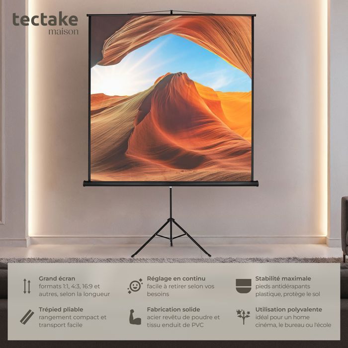Pantalla de proyección - TECTAKE - Pantalla de proyección extensible de poliéster con trípode 152 x 152 cm - Blanca
