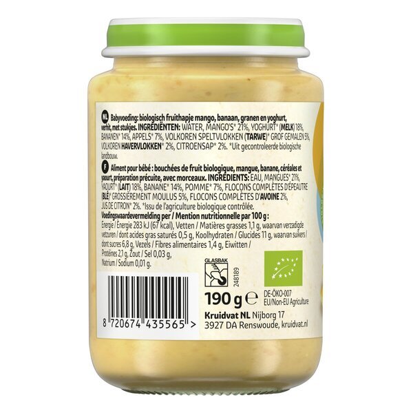 Kruidvat 8+M Organski sadni prigrizek z mangom, banano, žitaricami in jogurtom<br>190g