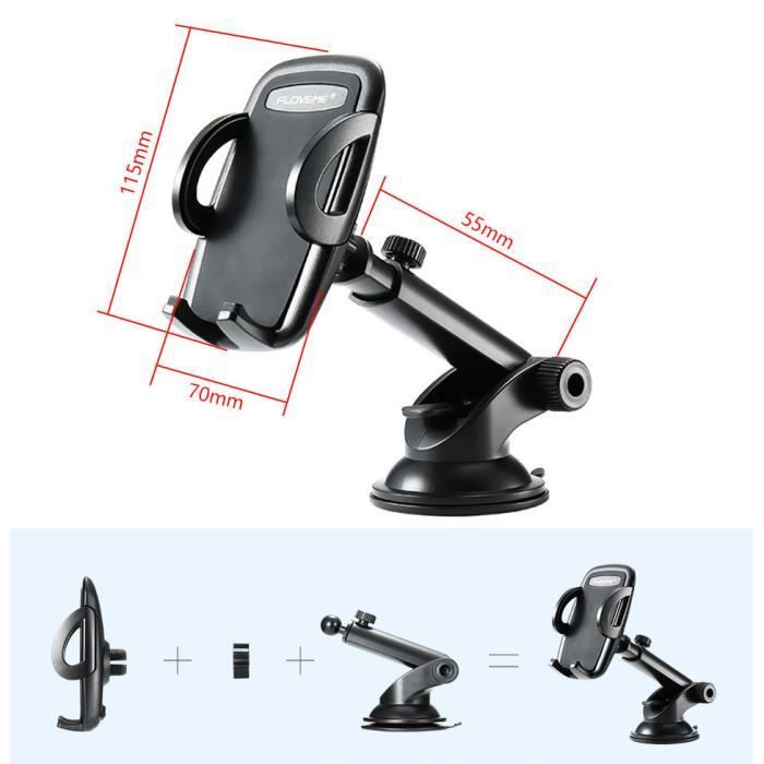 Dual-use car phone holder, windshield and dashboard mount, free rotation and retractable, black