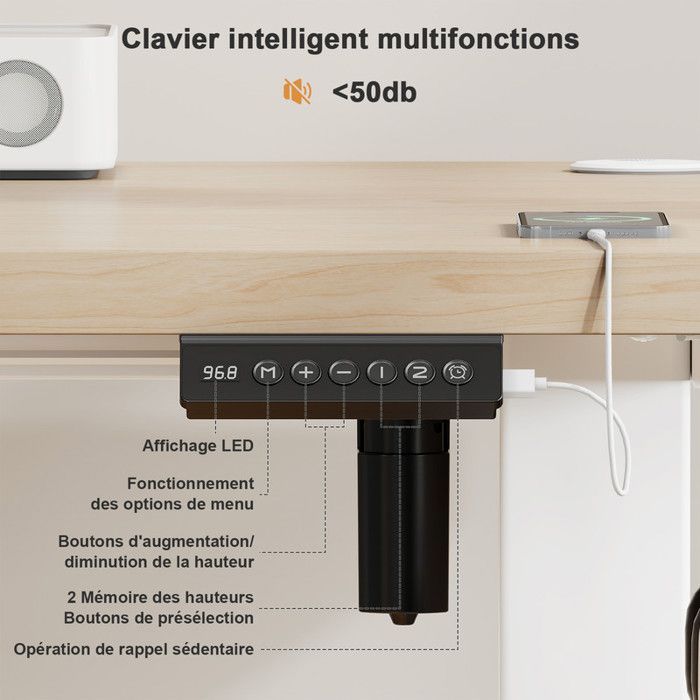 Bureau Assis Debout Électrique 120x60cm Blanc- Hauteur Réglable (73-118cm) - Moteur Silencieux avec Mémoire et Ports USB