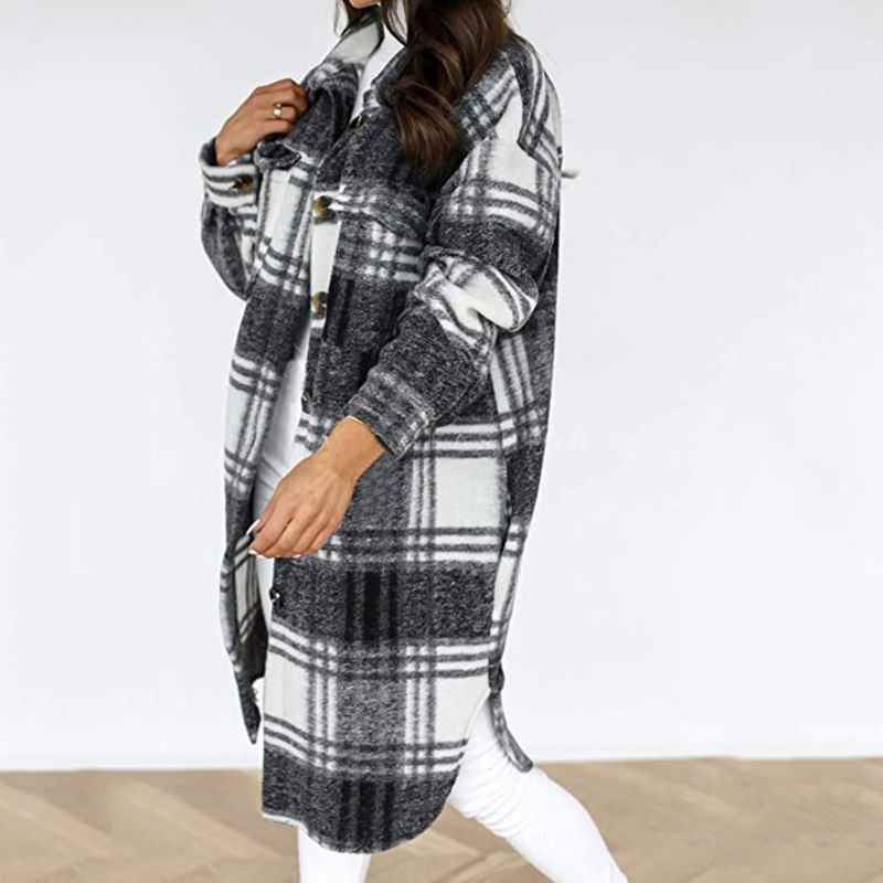 Manteaux pour femmes, nouvelle mode, veste décontractée à carreaux imprimés, manches longues, cardigan long boutonné sur le devant, vêtements d'extérieur