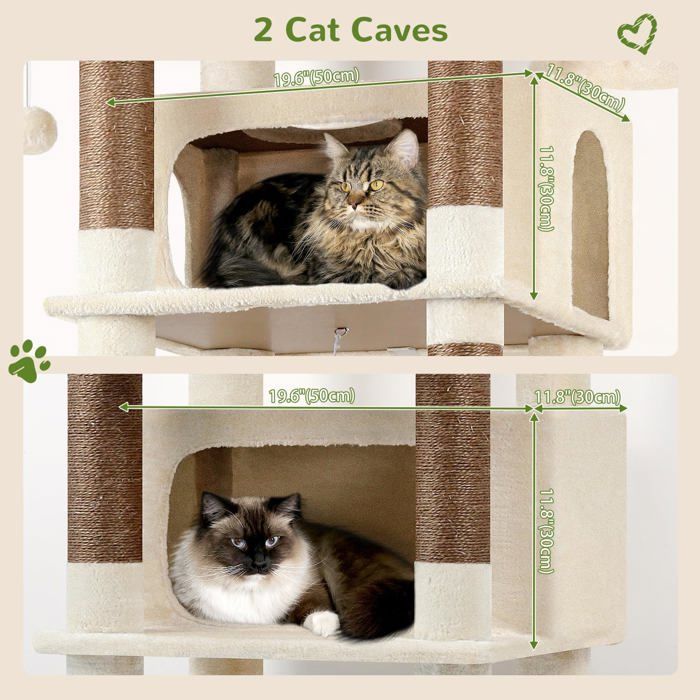 Arbre à chat - HOLISANE - 213 cm - Beige - 2 niches 50x30x30 cm - 8 poteaux sisal