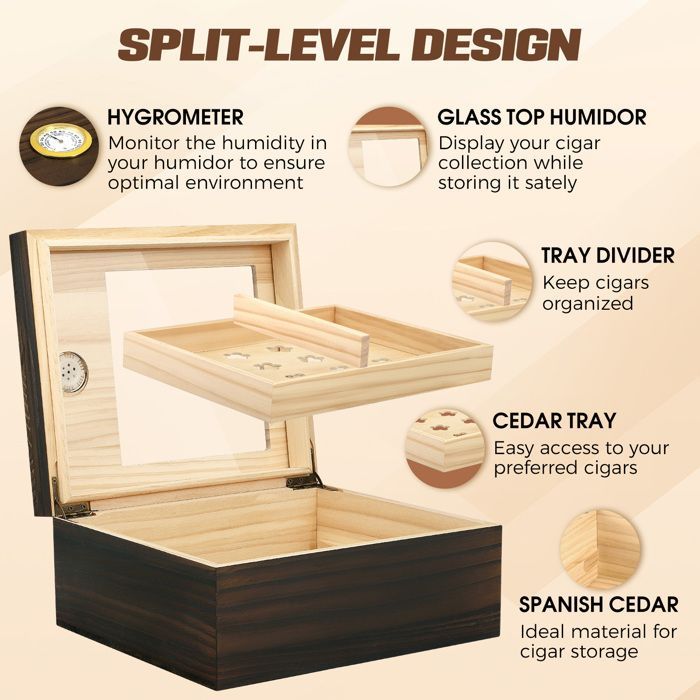 Humidor per sigari, scatola in legno a doppia parete con divisorio e igrometro digitale, per 25-50 sigari.