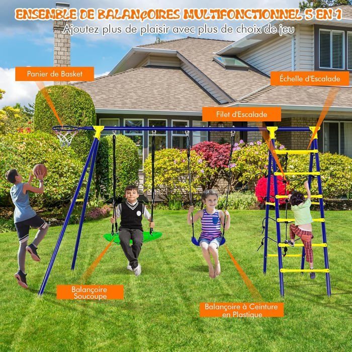 GOPLUS Balançoire 3-en-1 à Cadre en A Charge 200kg-Balançoire 3 Agrès-1 en Forme de U+1 Face-à-Face+2 Anneaux de Gymnastique