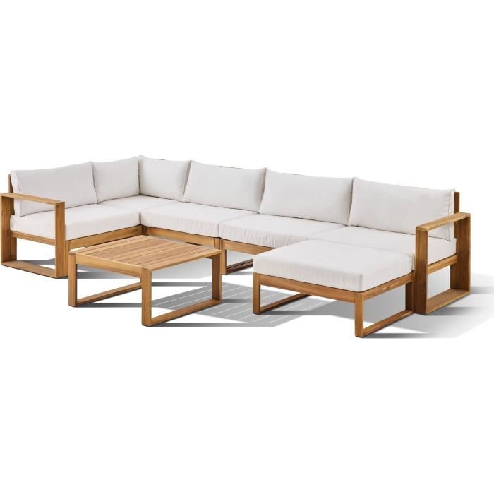 Conjunto modular de jardín esquinero LEVATA XL - Madera de acacia con certificación FSC - 8 plazas - Color blanco roto + Funda incluida