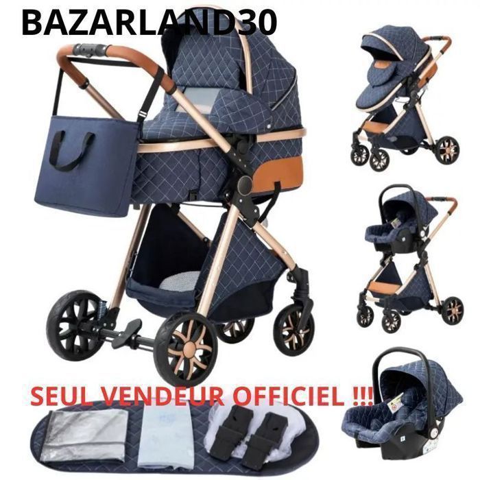 BAZARLAND30.Poussette 3 en 1 Bébé Combinée Siège-Auto Nacelle Trio Réversible Réglable Haute Qualité Roues increvables Canne. BLEU