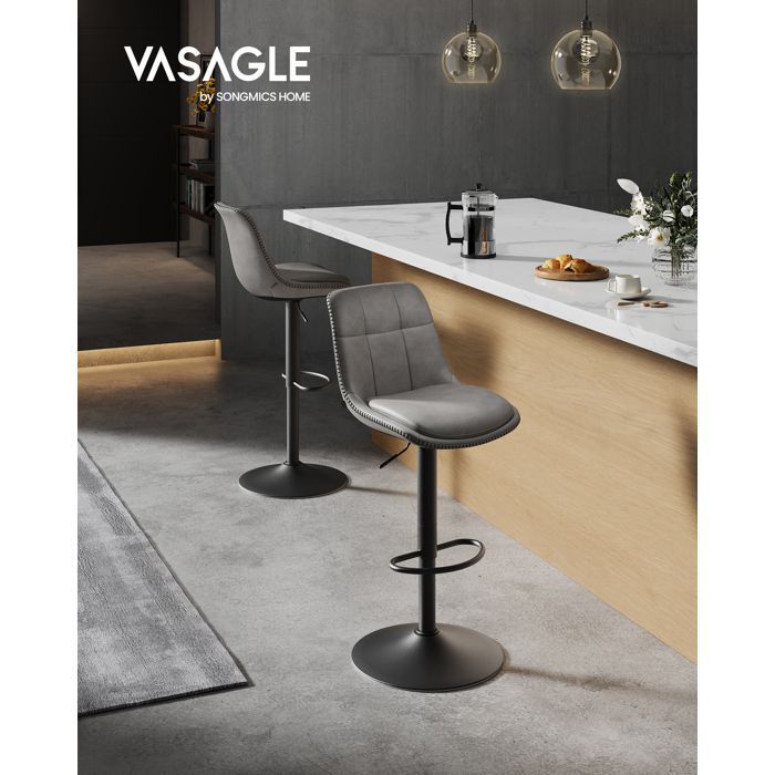 VASAGLE Bar Stools, Set of 4, Height Adjustable Swivel Seat, Padded PU Leather, with Backrest and Footrest, Gray