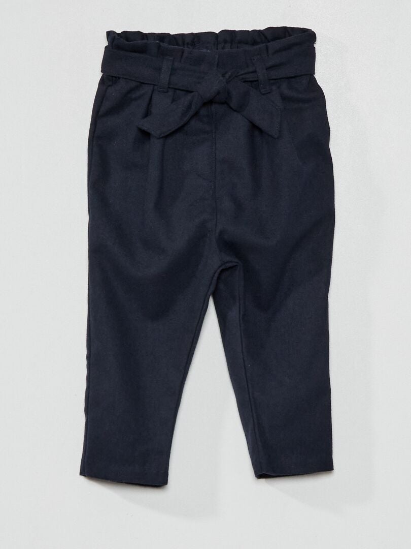 Pantalones de franela con cintura tipo paperbag - AZUL
