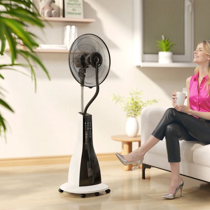 Ventilador nebulizador HOMCOM - 90W 125cm - mando a distancia, temporizador, oscilación de 75°, cabezal inclinable y ruedas - negro