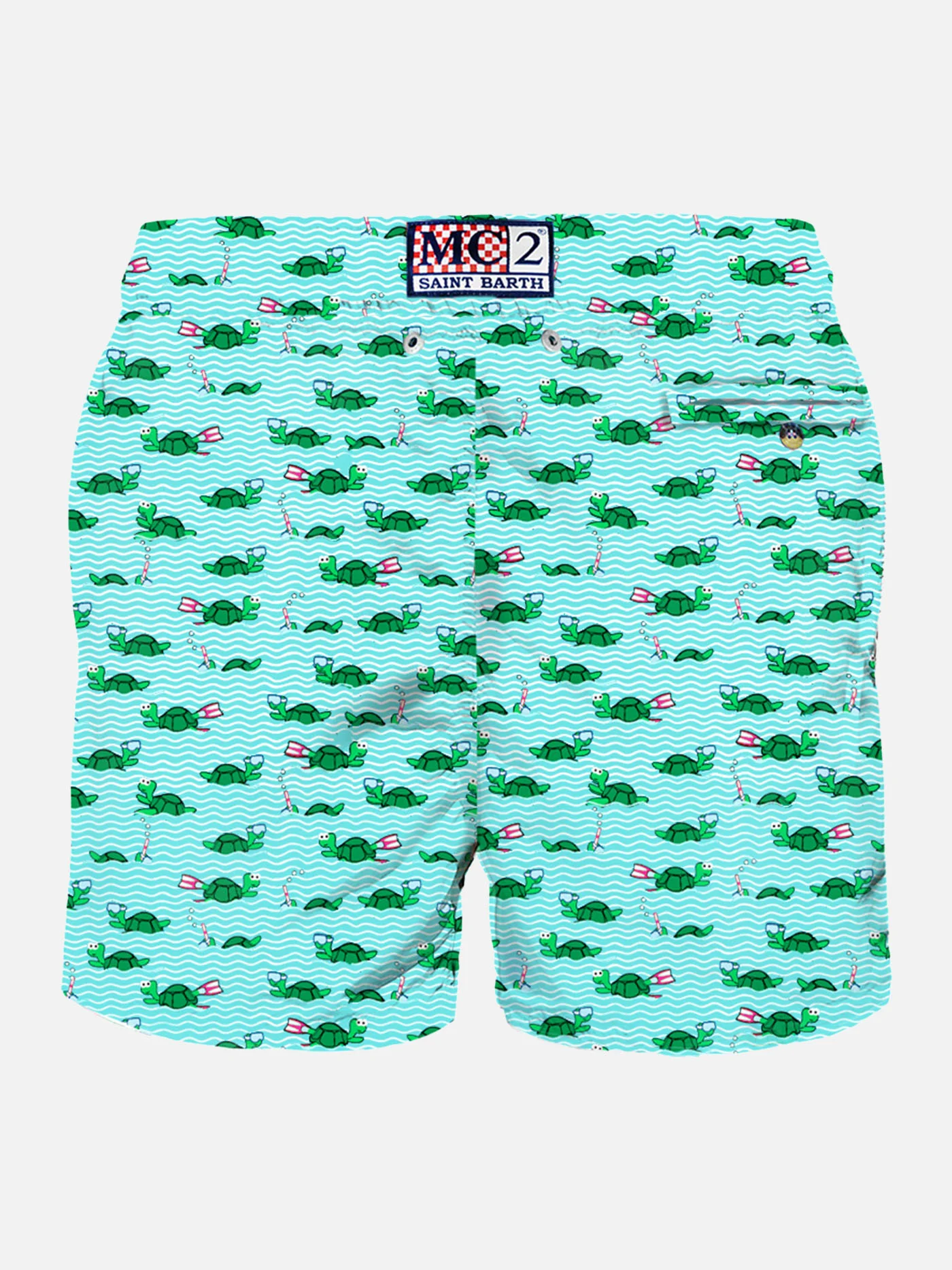 Man Classic Swim Shorts | Swimmer Turtle All-Over Print | Light Blue & White | Quick Drying | Elastic Waistband & Drawstring | MC2 Saint Barth