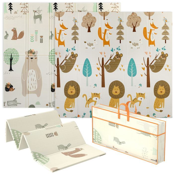 Tapis d'éveil bébé - AIYAPLAY - pliable épais réversible en mousse - antidérapant - motif animalier - 196 x 176 x 1,5 cm multicolore
