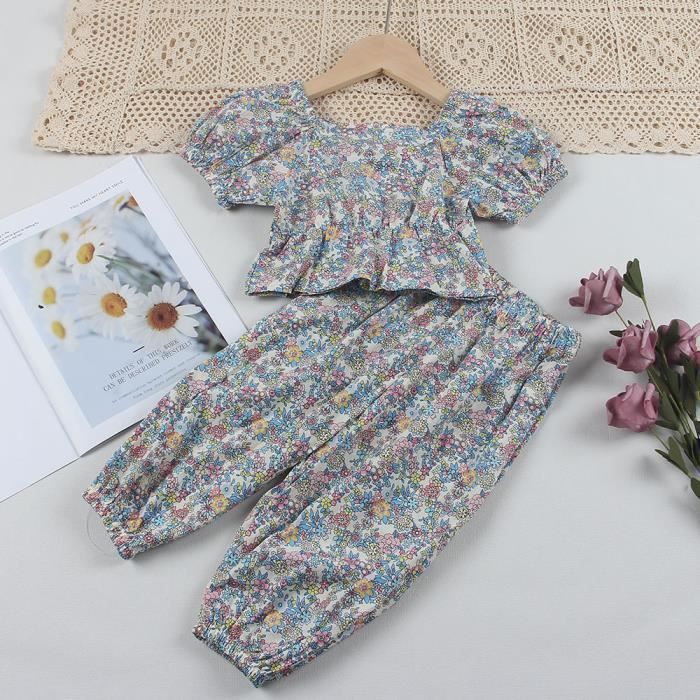 Conjunto de 2 piezas para niñas: Top de manga abullonada con estampado floral, shorts, camisa transpirable, azul
