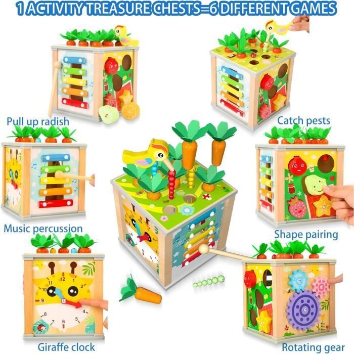 Cube d'Activité Bébé Montessori en Bois - Jouet 6 en 1 avec Trieur de Formes et Horloge