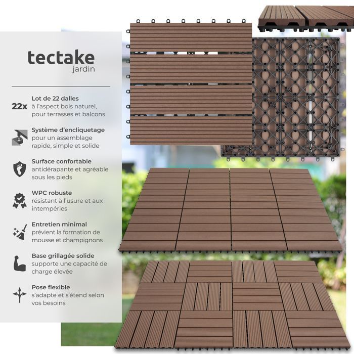 Terrassefliser - TECTAKE - Sæt med 22 TEGULAS terrassefliser i WPC-trælook - Grå