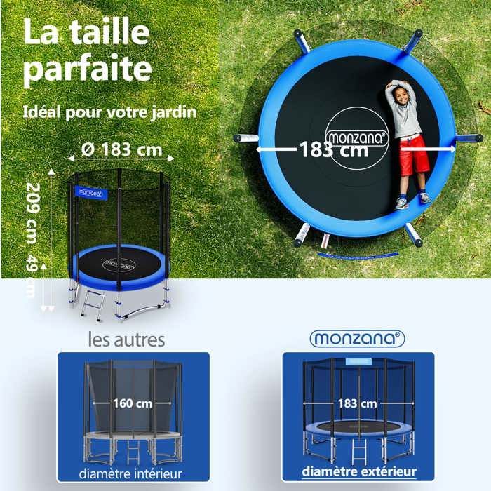 Monzana Trampoline extérieur Rond Ø183cm Max. 50kg Set Complet Filet de sécurité Porte d'entrée échelle poteaux Jardin