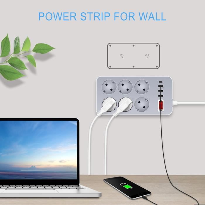 Stekkerdoos van 4000 W met schakelaar, 6 stopcontacten en 3 USB- en Type-C-poorten, 1,2 m snoer, overspanningsbeveiliging