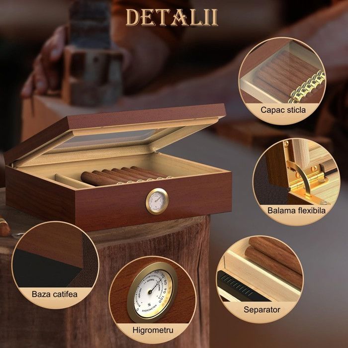 Humidor per sigari in legno di cedro con umidificatore, igrometro e coperchio in vetro per 20-25 sigari, colore marrone.