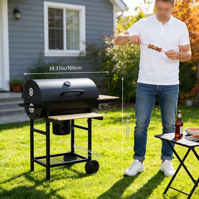 SunJas Barbecue à charbon avec 2 Etagères et Thermomètre  BBQ - 100x63,5x95 cm, parfait pour jardin, terrasse et camping