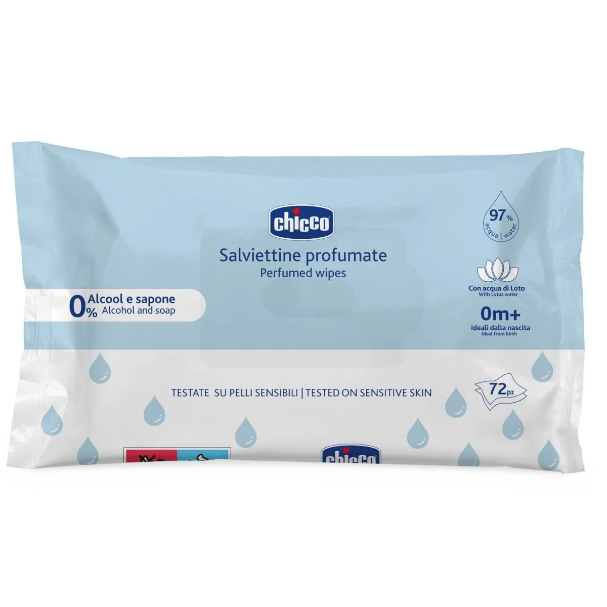 Lingettes Chicco 72 pièces sans plaque pour peaux sensibles