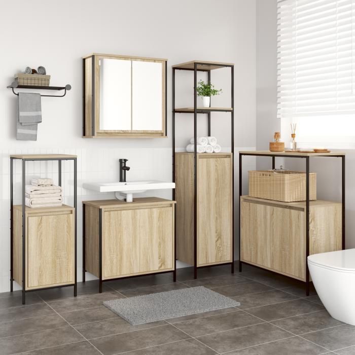 Conjunto de muebles de baño - Roble Sonoma - 5 piezas - Estilo contemporáneo - Fácil montaje