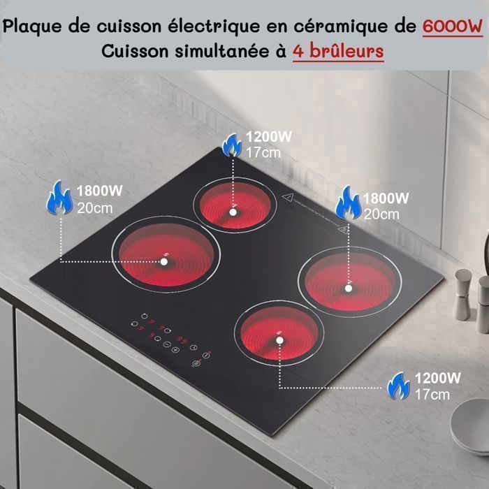 Keramische kookplaat met 4 branders, 60 cm elektrische kookplaat, 6000 W, 9 vermogensstanden, timer van 1-99 minuten, geschikt voor alle pannen.