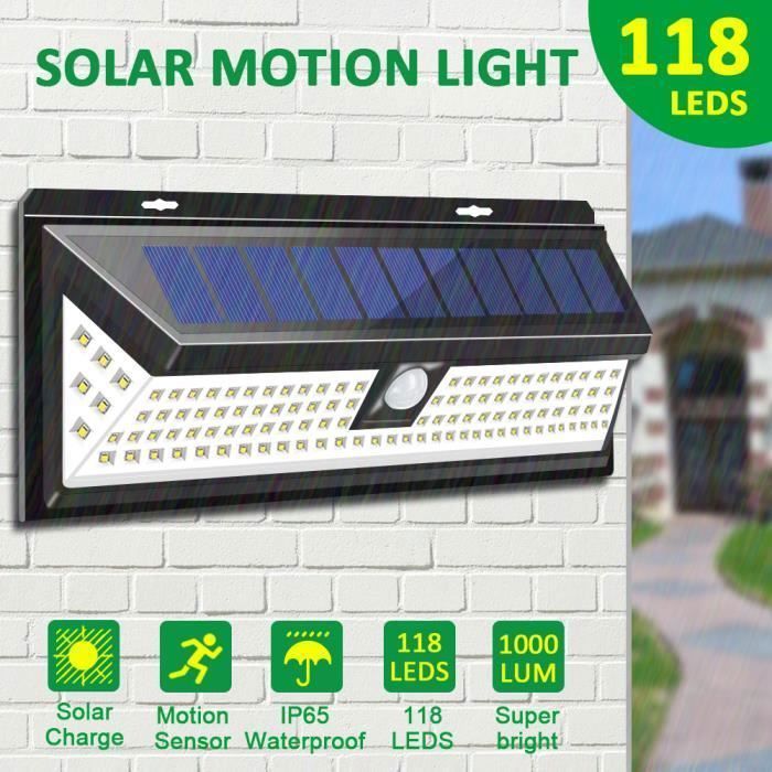 Aplique solar de pared TEMPSA - 118 LED con sensor de movimiento, resistente al agua IP65 para iluminación de jardín y exteriores.