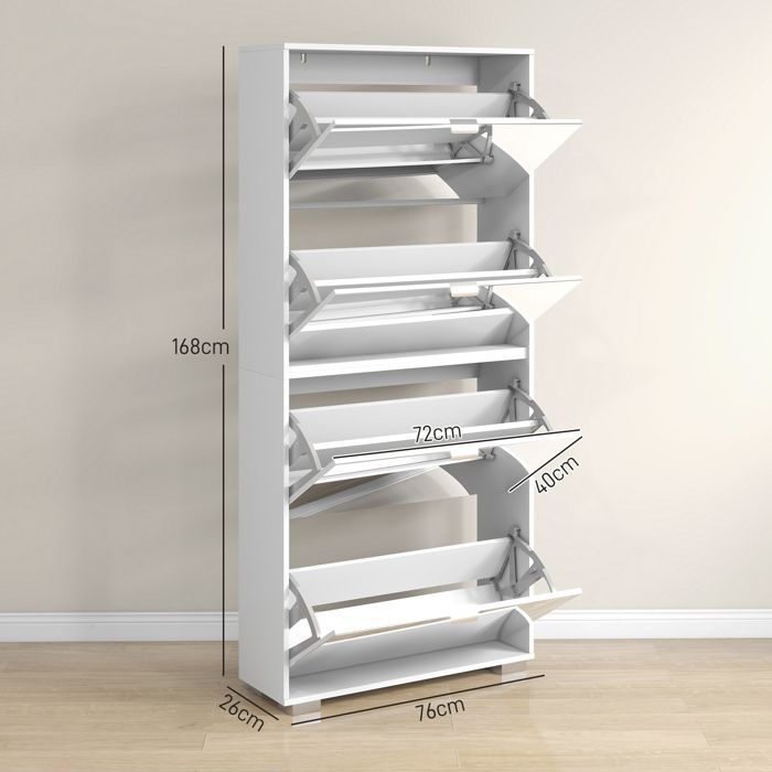Meuble à chaussures - HOMCOM - 2 en 1 façades miroir, 4 portes abattants, étagères réglables, jusqu'à 24 paires, 76l x 26P x 168H cm