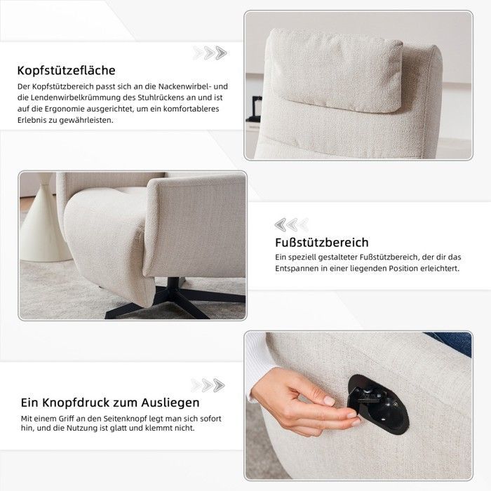 Comfortable reclining armchair with footrest - Modern beige living room sofa - Swivel chaise lounge for breastfeeding and TV