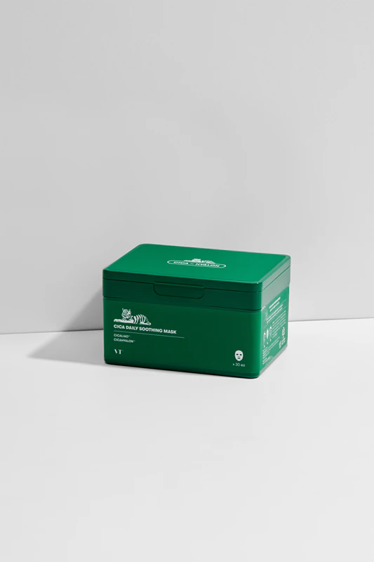 Máscara facial calmante diária Cica da VT Cosmetics: máscara facial intensamente hidratante com efeito calmante.