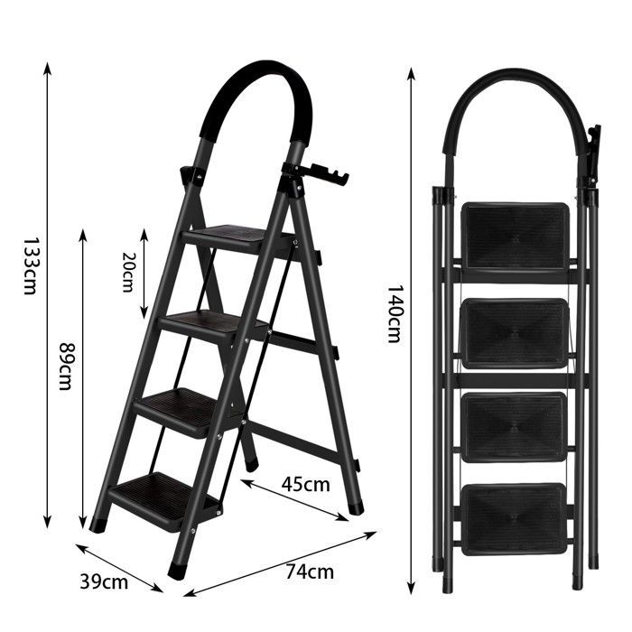 4-treden huishoudladder - MIPAN - Opvouwbare trapladder met antislip voetplaat - Staal - 133*74*39cm - Zwart