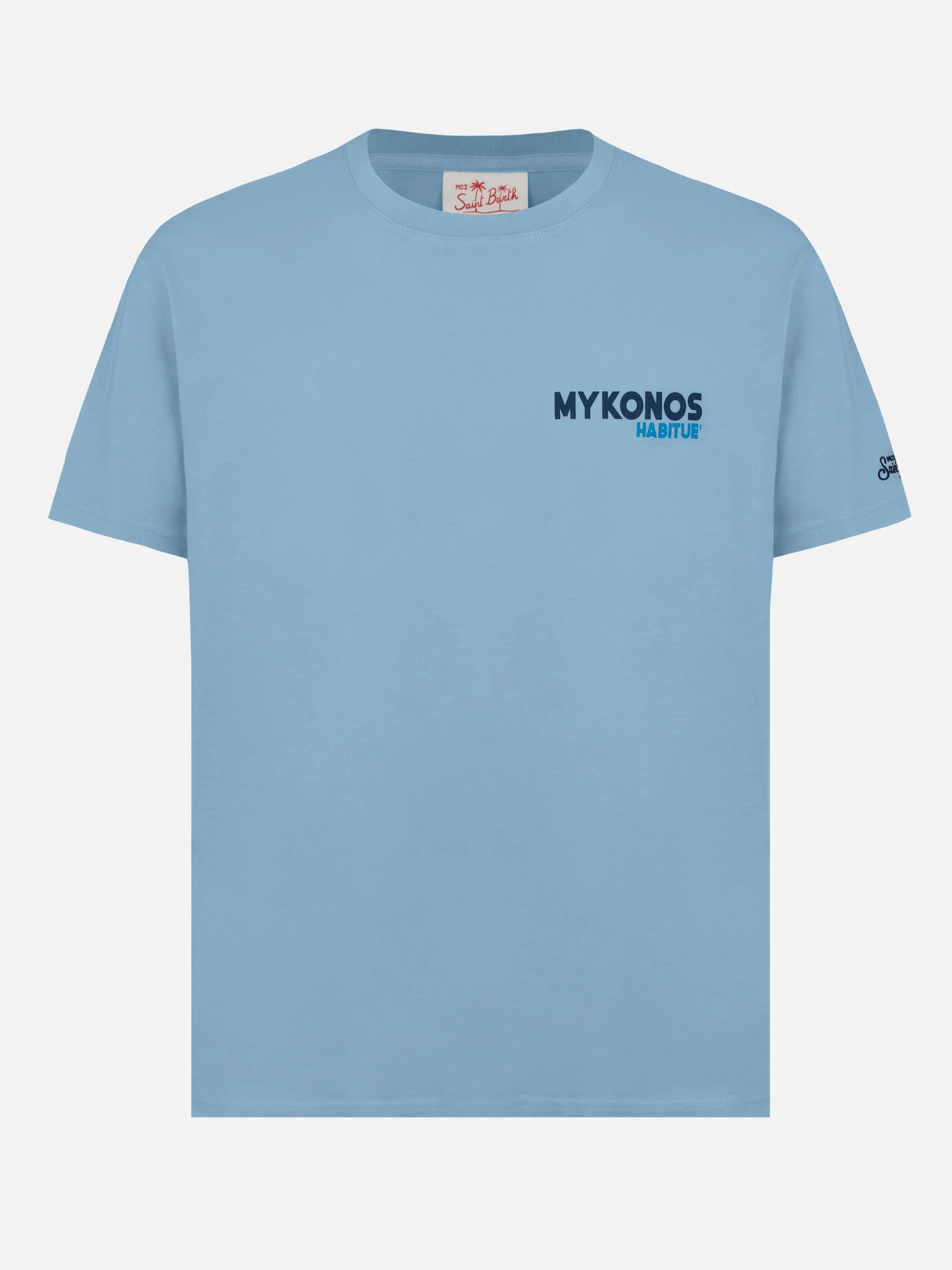 Camiseta de algodón para hombre con estampado de postal de Mykonos
