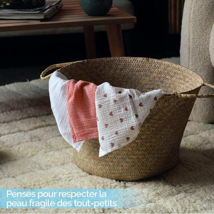 Set of 3 baby muslin squares, absorbent and breathable - 100% cotton muslin - 30 x 30 cm - Heart - Monsieur Bébé