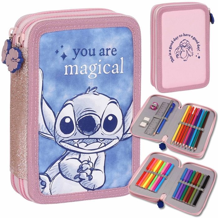 DISNEY Stitch Trousse scolaire à deux compartiments AVEC ÉQUIPEMENT pour fille, POUR L'ÉCOLE - 32 éléments, 2 zip