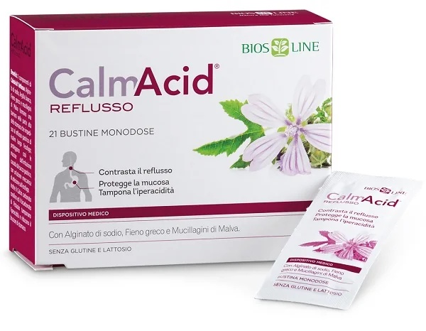 BIOS LINE CalmAcid voedingssupplement tegen brandend maagzuur, 21 zakjes met één dosis.