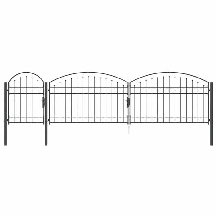 Puerta de jardín de acero - vidaXL - Parte superior arqueada - Gris - 500x125 cm - Con cerradura - 3 postes incluidos