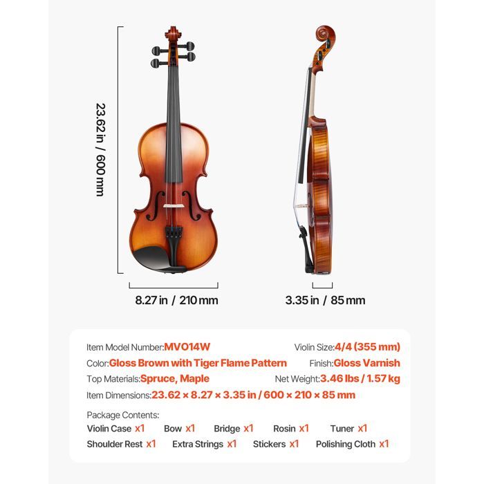 Violino VEVOR 4/4 - Kit per principianti - Legno massello con custodia, colofonia, archetto, spalliera, ponticello e corde di ricambio