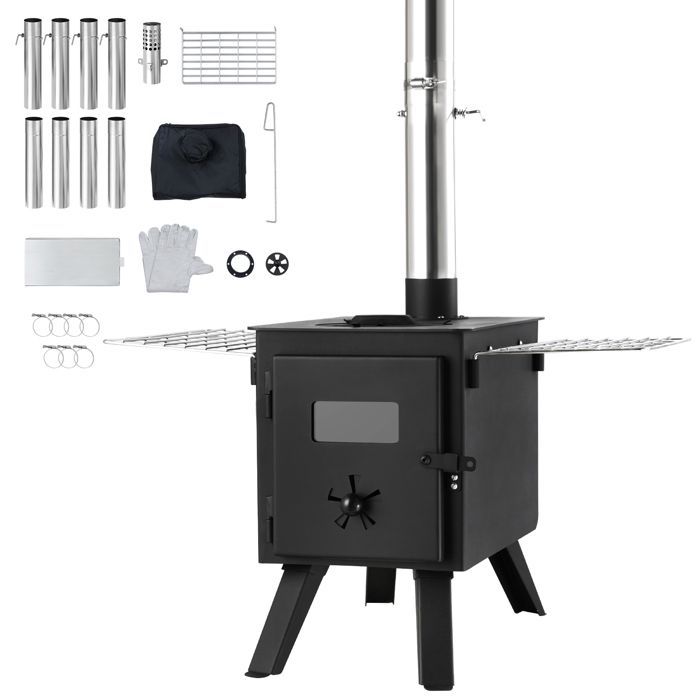 Portable Wood Stove - DUOKU - 86 in - Alloy Steel - 1400 cu in Firebox - 8 Chimney Pipes