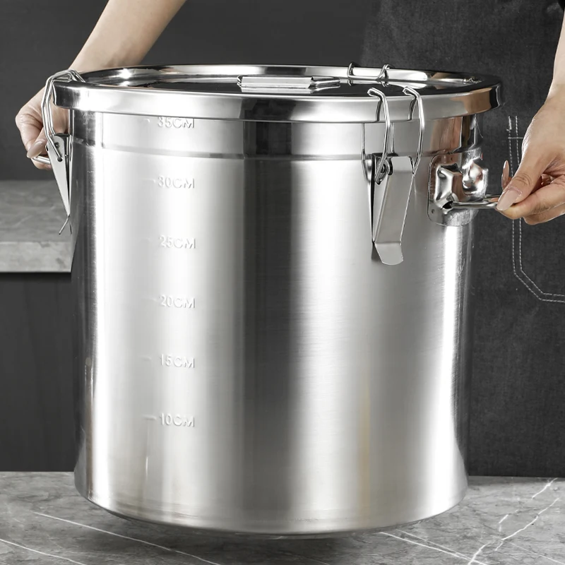 Bocal hermétique en acier inoxydable 20L/35L/50L, grand récipient avec couvercle et clip de fermeture robuste, utilisé pour le stockage des aliments en fût.