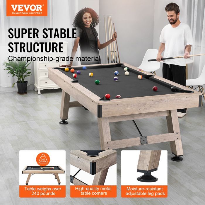 Mesa de billar VEVOR - 213,4 cm - Patas ajustables - Bolas - Tacos - Tiza y cepillo - Acabado en madera con paño negro - Hogar - Club - Cafetería - Bar