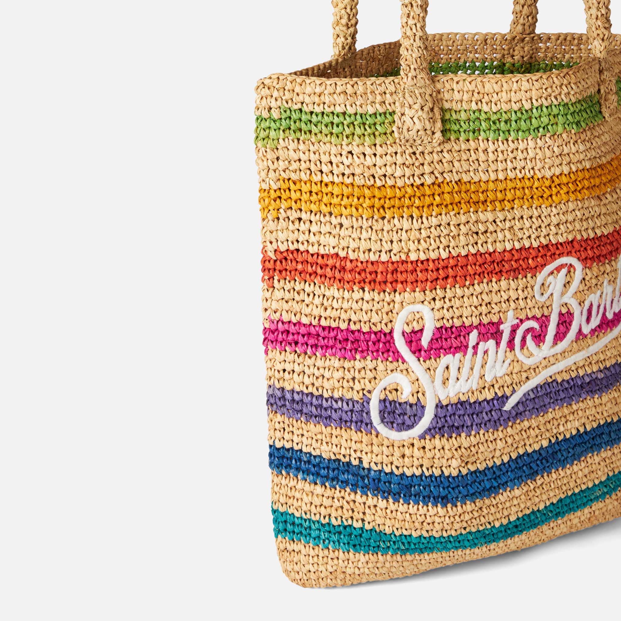 Bast-Beuteltasche mit mehrfarbigen Streifen und Stickereien