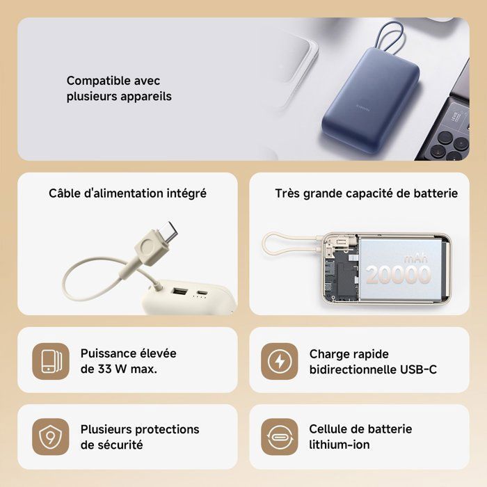 Power Bank - XIAOMI - 33W - 20000mAh - Câble Intégré - Bleu - Charge Rapide USB-C - Grande capacité
