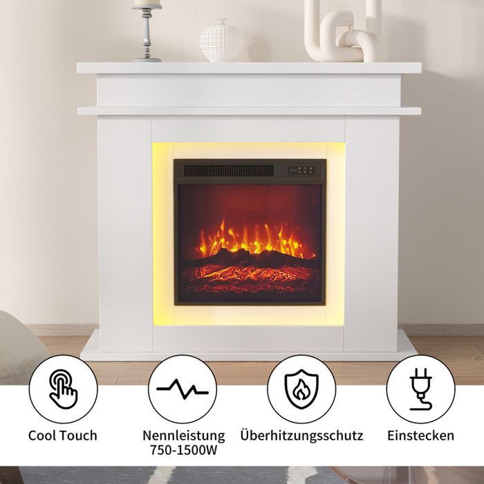 Chimenea eléctrica de 101 cm – Llamas 3D – LED – 1500 W – Pantalla táctil y mando a distancia – Mueble incluido – Blanca