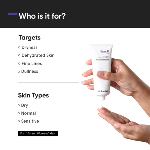 Hidratante facial minimalista com óleo de marula, hidrata a pele seca.