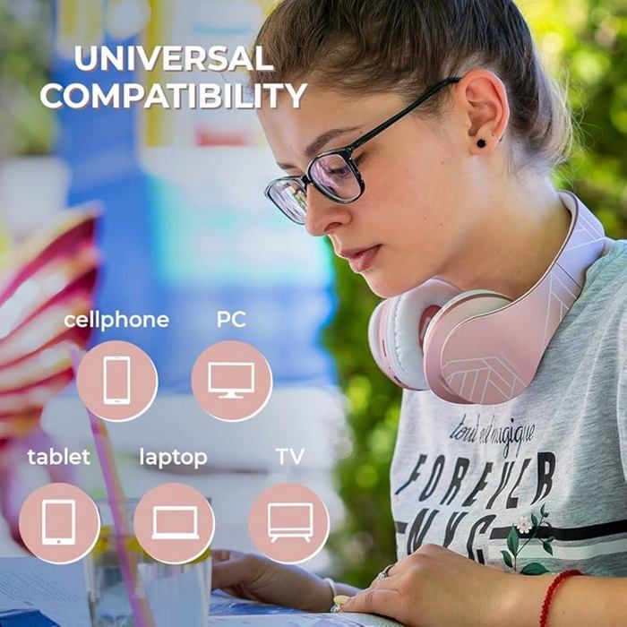 Auriculares Bluetooth inalámbricos supraaurales con micrófono integrado, sonido estéreo HD, ranura para tarjeta Micro SD/TF, modo FM, color oro rosa.