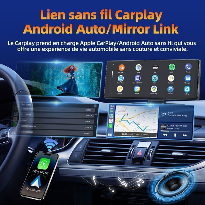 CAMPARK 10'' autoradio met draadloze CarPlay, Android Auto, touchscreen, MirrorLink, GPS en 1080p achteruitrijcamera