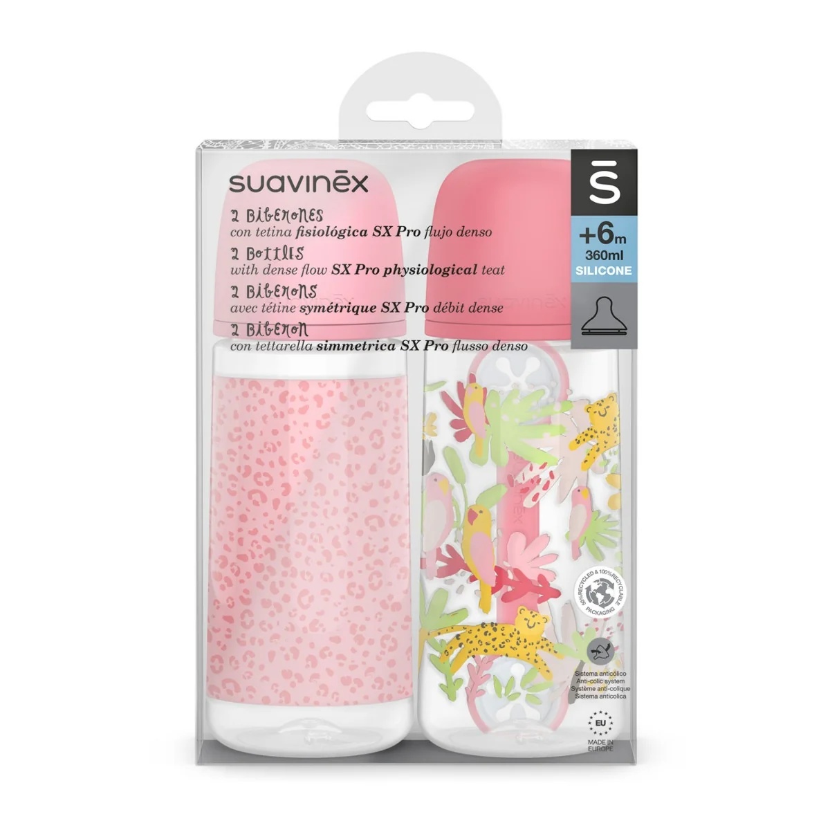 SUAVINEX Suavinex set od 2 bočice + držač za podbradak SX Pro Jungle Pink