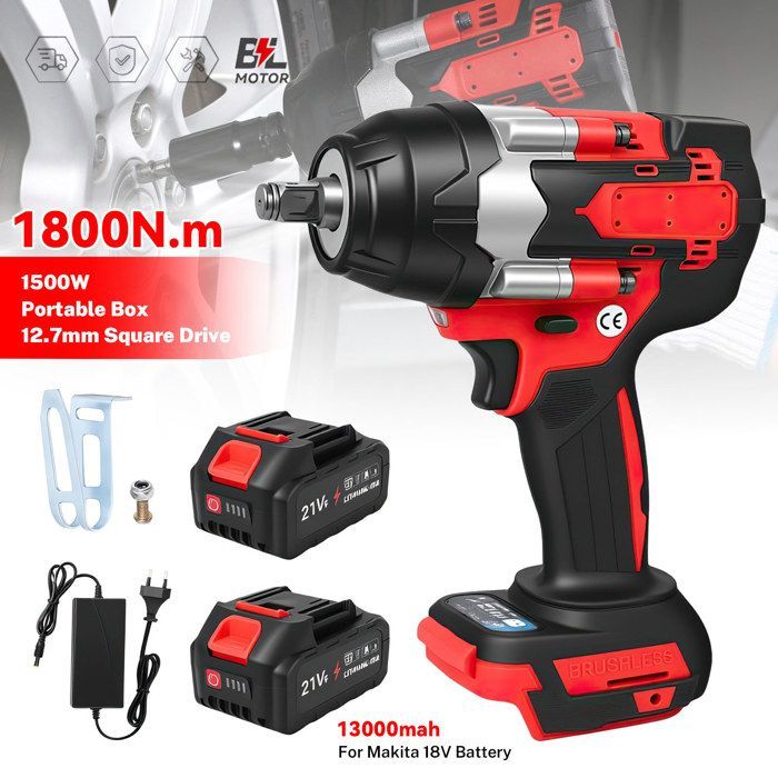 Llave de impacto inalámbrica de 21 V, destornillador de impacto eléctrico de 1800 Nm, 7200 RPM, con luz LED, 2 baterías para el hogar, el coche y el bricolaje.