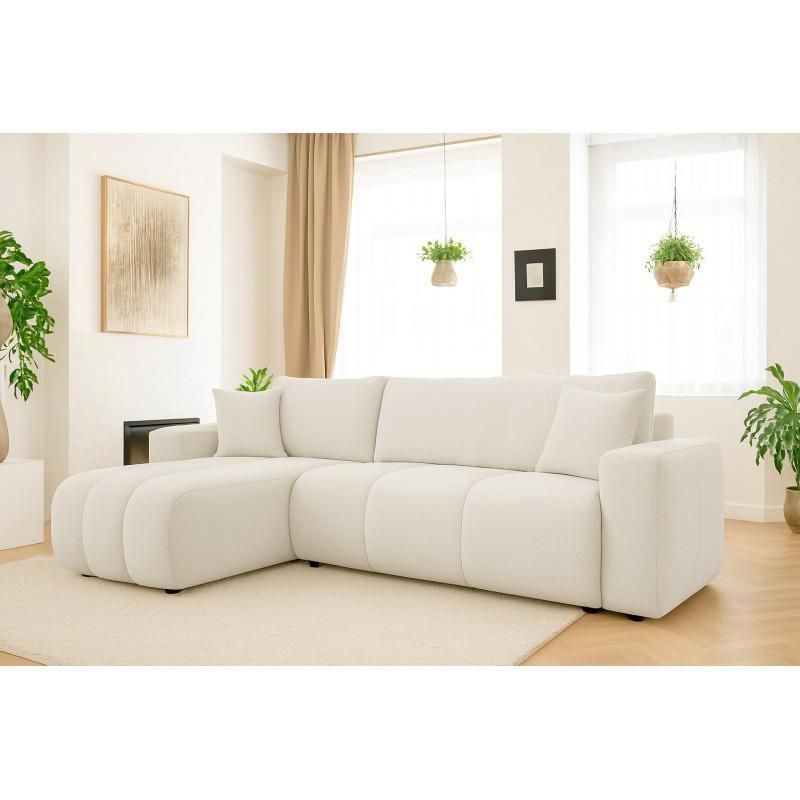 Sofá cama esquinero TALIA L, color blanco roto, en tejido suave al tacto, repelente al agua y resistente a las manchas.