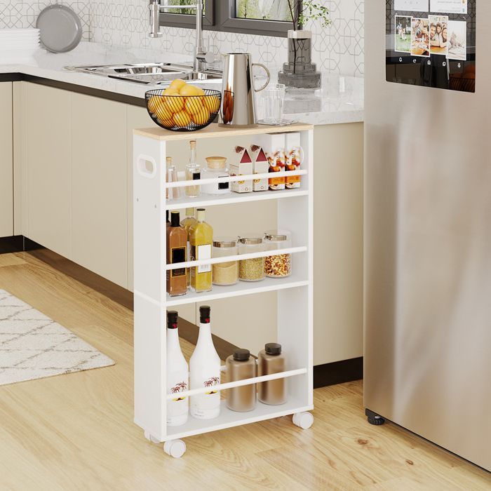 HOOBRO Serving Cart, 4-Tier Cart, Wheels with Brakes, for Kitchen, Bathroom, Living Room, White and Wood Color